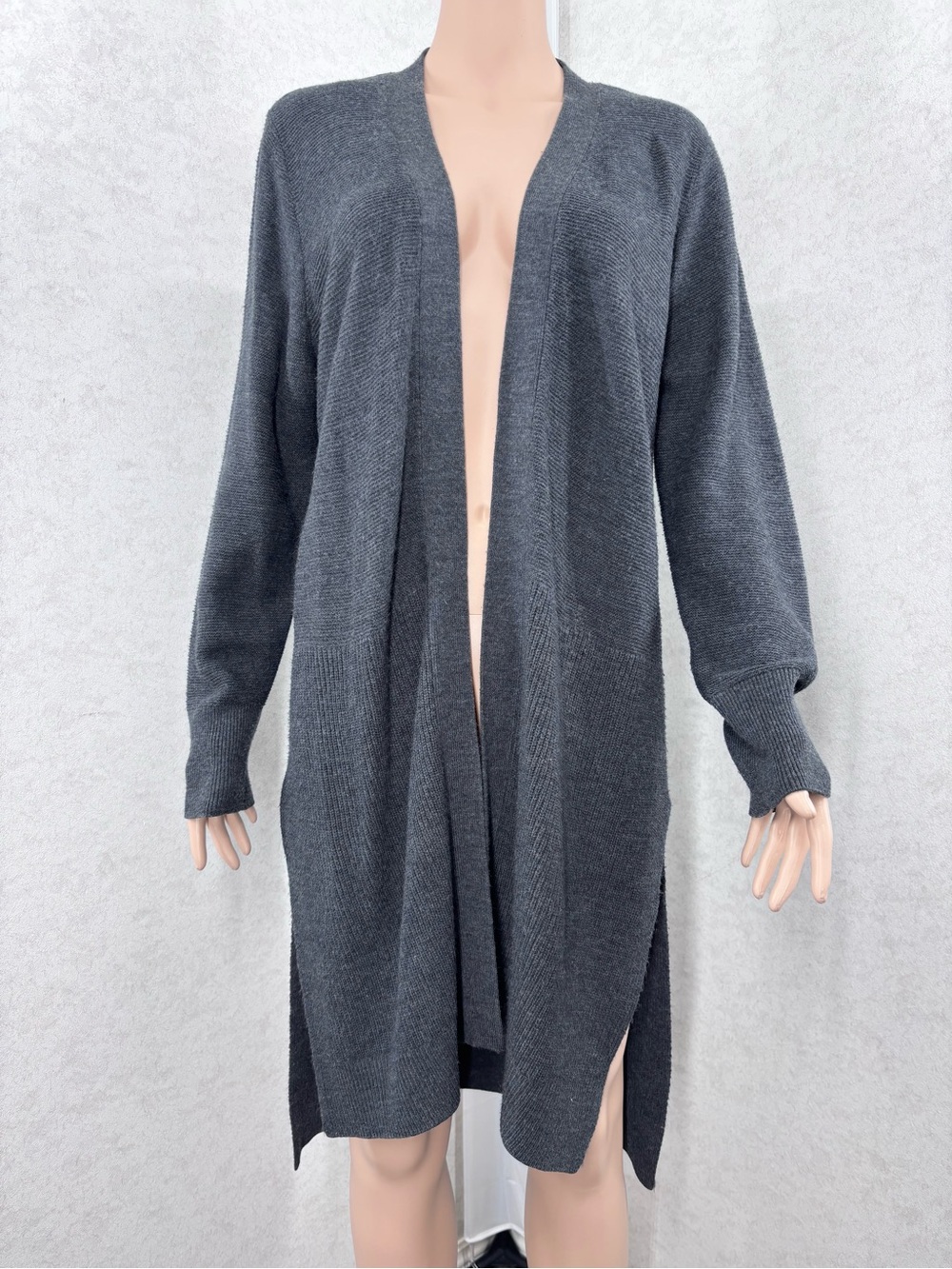 Verve Ami Dark Charcoal Grey Ribbed Open-Front Long Cardigan, Large